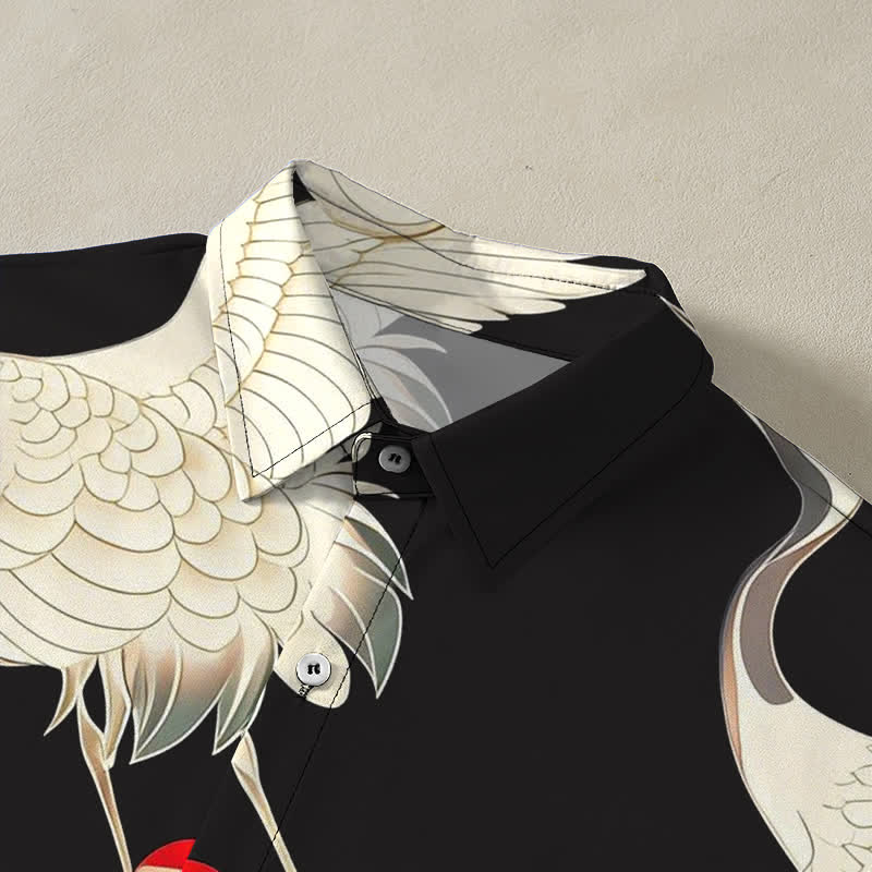 Nimara Ritual Flying Red-crowned Crane Pattern Buttons Wrinkle-resistant Men's Short Sleeve Shirt