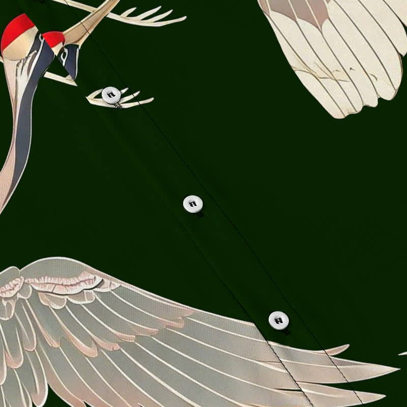 Nimara Ritual Flying Red-crowned Crane Pattern Buttons Wrinkle-resistant Men's Short Sleeve Shirt