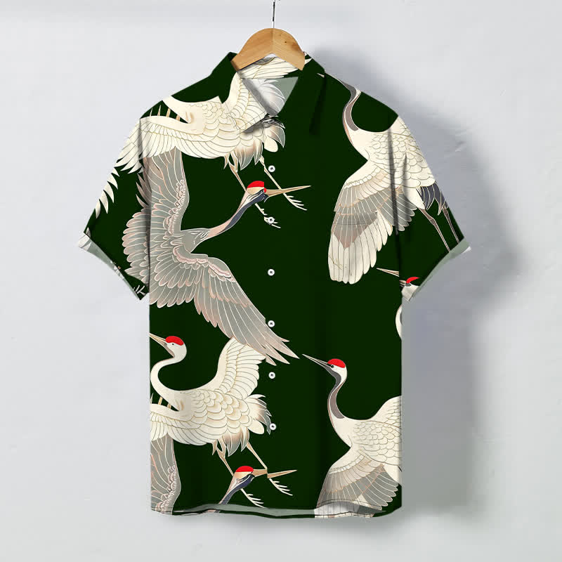 Nimara Ritual Flying Red-crowned Crane Pattern Buttons Wrinkle-resistant Men's Short Sleeve Shirt