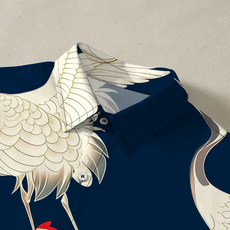 Nimara Ritual Flying Red-crowned Crane Pattern Buttons Wrinkle-resistant Men's Short Sleeve Shirt