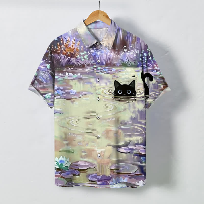 Nimara Ritual Water Lily Black Cat Pattern Buttons Breathable Men's Short Sleeve Shirt