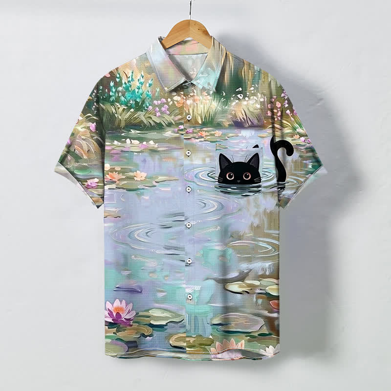 Nimara Ritual Water Lily Black Cat Pattern Buttons Breathable Men's Short Sleeve Shirt