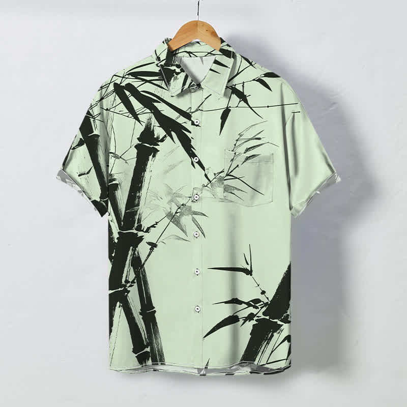 Nimara Ritual Ink Bamboo Pattern Buttons Wrinkle-resistant Men's Short Sleeve Shirt
