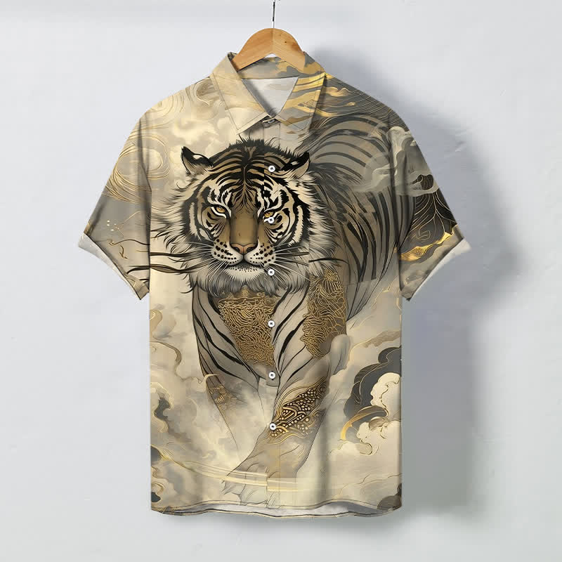 Nimara Ritual Tiger Cloud Wave Pattern Buttons Wrinkle-resistant Men's Short Sleeve Shirt