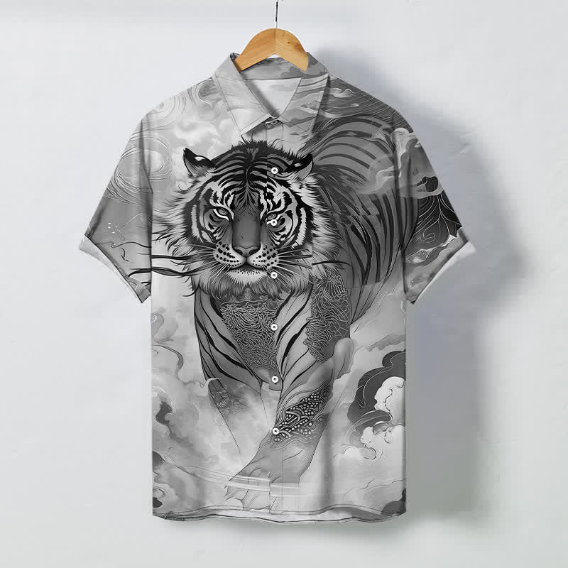 Nimara Ritual Tiger Cloud Wave Pattern Buttons Wrinkle-resistant Men's Short Sleeve Shirt