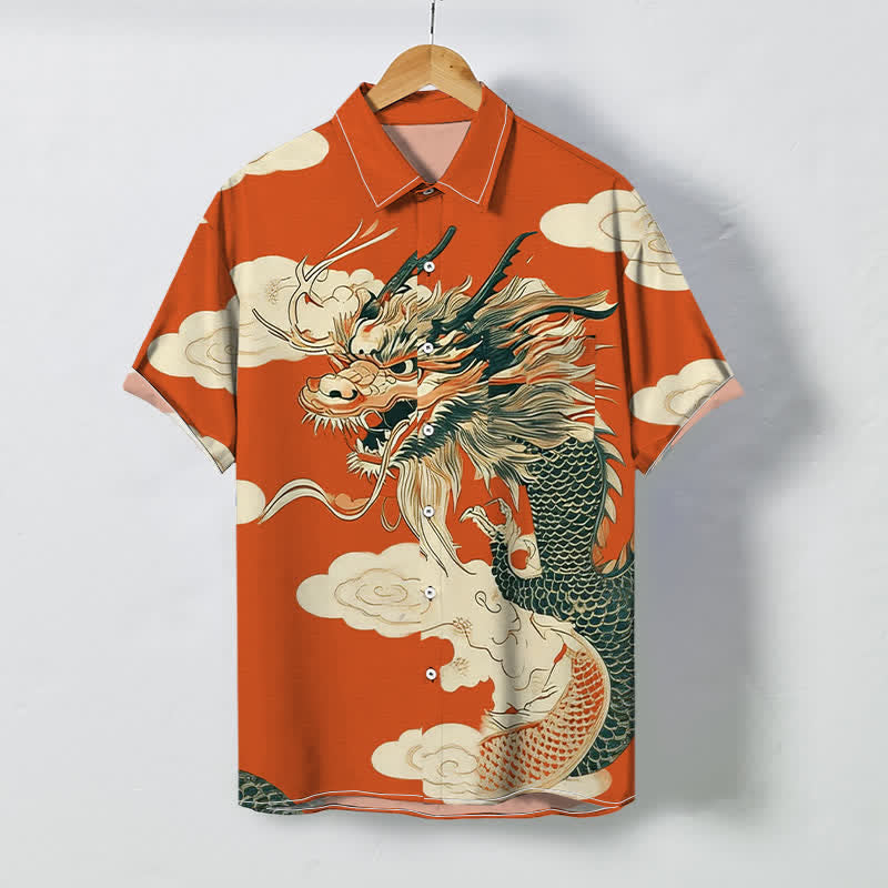 Nimara Ritual Chinese Dragon Cloud Pattern Buttons Wrinkle-resistant Men's Short Sleeve Shirt