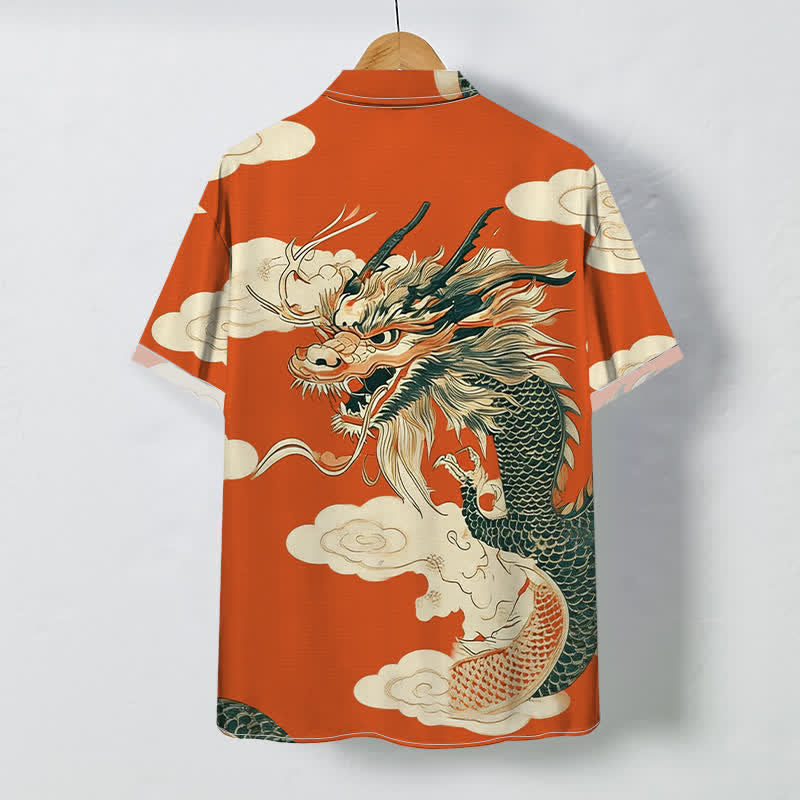 Nimara Ritual Chinese Dragon Cloud Pattern Buttons Wrinkle-resistant Men's Short Sleeve Shirt
