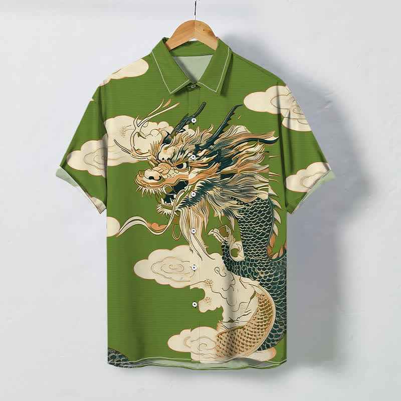 Nimara Ritual Chinese Dragon Cloud Pattern Buttons Wrinkle-resistant Men's Short Sleeve Shirt