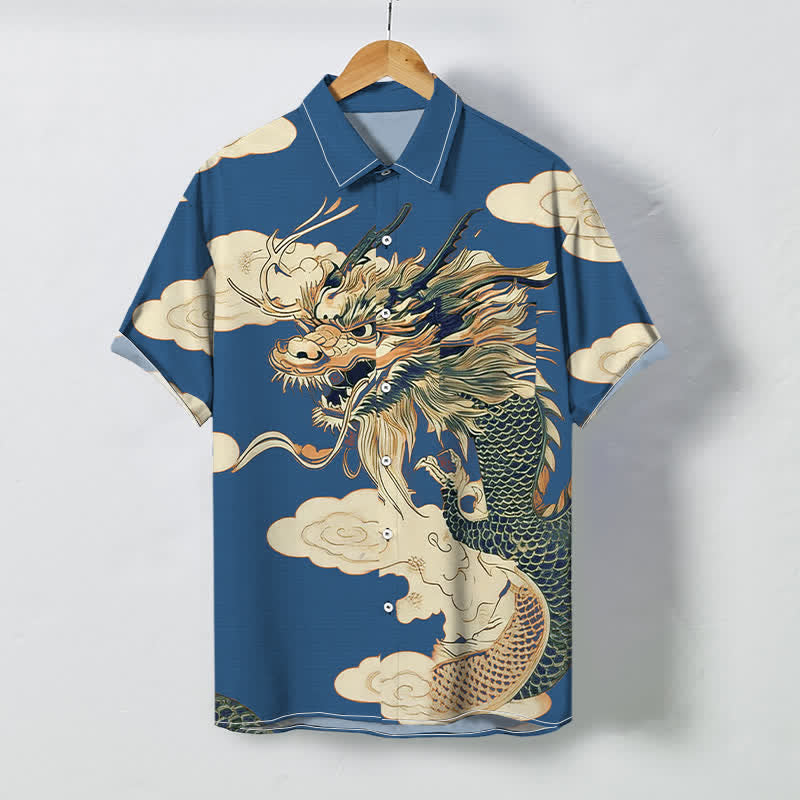 Nimara Ritual Chinese Dragon Cloud Pattern Buttons Wrinkle-resistant Men's Short Sleeve Shirt