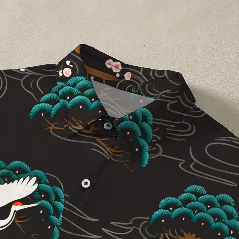 Nimara Ritual Crane Pine Blossom Cloud Pattern Buttons Breathable Men's Short Sleeve Shirt