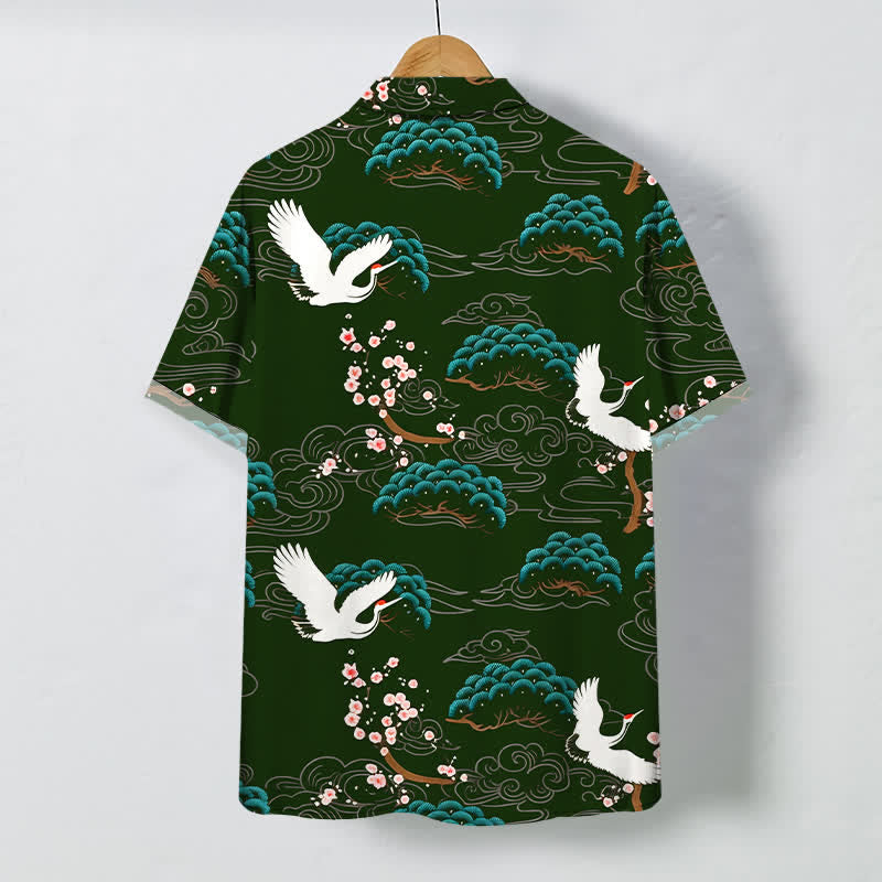 Nimara Ritual Crane Pine Blossom Cloud Pattern Buttons Breathable Men's Short Sleeve Shirt