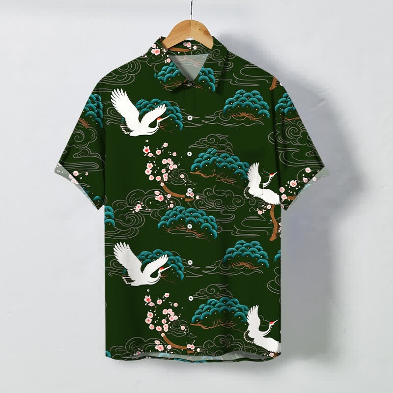 Nimara Ritual Crane Pine Blossom Cloud Pattern Buttons Breathable Men's Short Sleeve Shirt