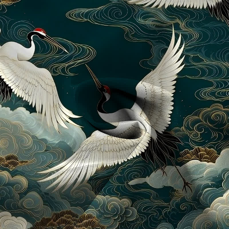 Nimara Ritual Flying Red-crowned Crane Auspicious Clouds Pattern Buttons Wrinkle-resistant Men's Short Sleeve Shirt
