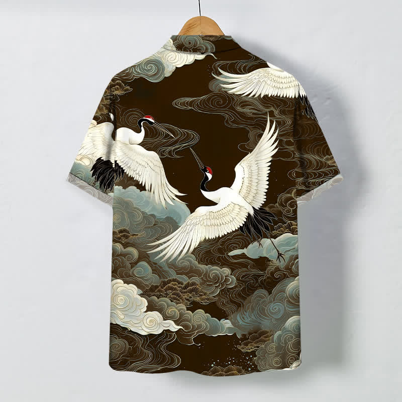 Nimara Ritual Flying Red-crowned Crane Auspicious Clouds Pattern Buttons Wrinkle-resistant Men's Short Sleeve Shirt