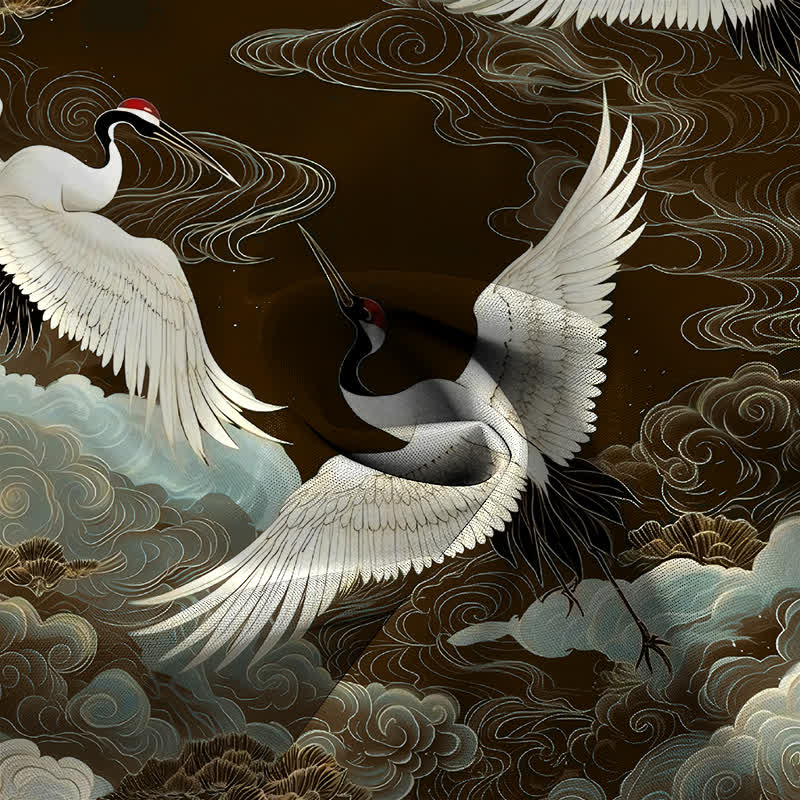 Nimara Ritual Flying Red-crowned Crane Auspicious Clouds Pattern Buttons Wrinkle-resistant Men's Short Sleeve Shirt