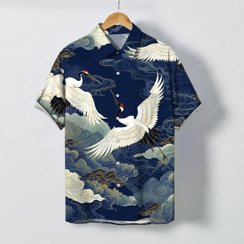Nimara Ritual Flying Red-crowned Crane Auspicious Clouds Pattern Buttons Wrinkle-resistant Men's Short Sleeve Shirt