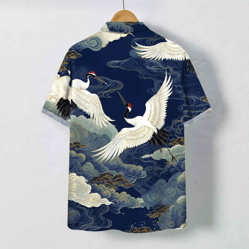 Nimara Ritual Flying Red-crowned Crane Auspicious Clouds Pattern Buttons Wrinkle-resistant Men's Short Sleeve Shirt