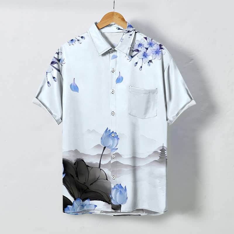 Nimara Ritual Lotus Mountain Pagoda Pattern Buttons Wrinkle-resistant Men's Short Sleeve Shirt