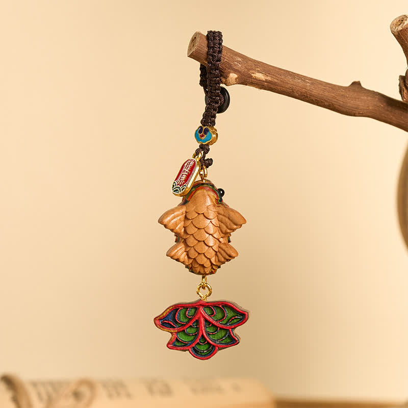 Nimara Ritual Hand-carved Rainbow Eucalyptus Colorful Koi Fish Wealth Charm Keychains