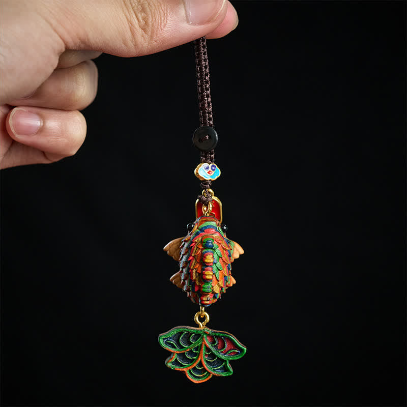 Nimara Ritual Hand-carved Rainbow Eucalyptus Colorful Koi Fish Wealth Charm Keychains