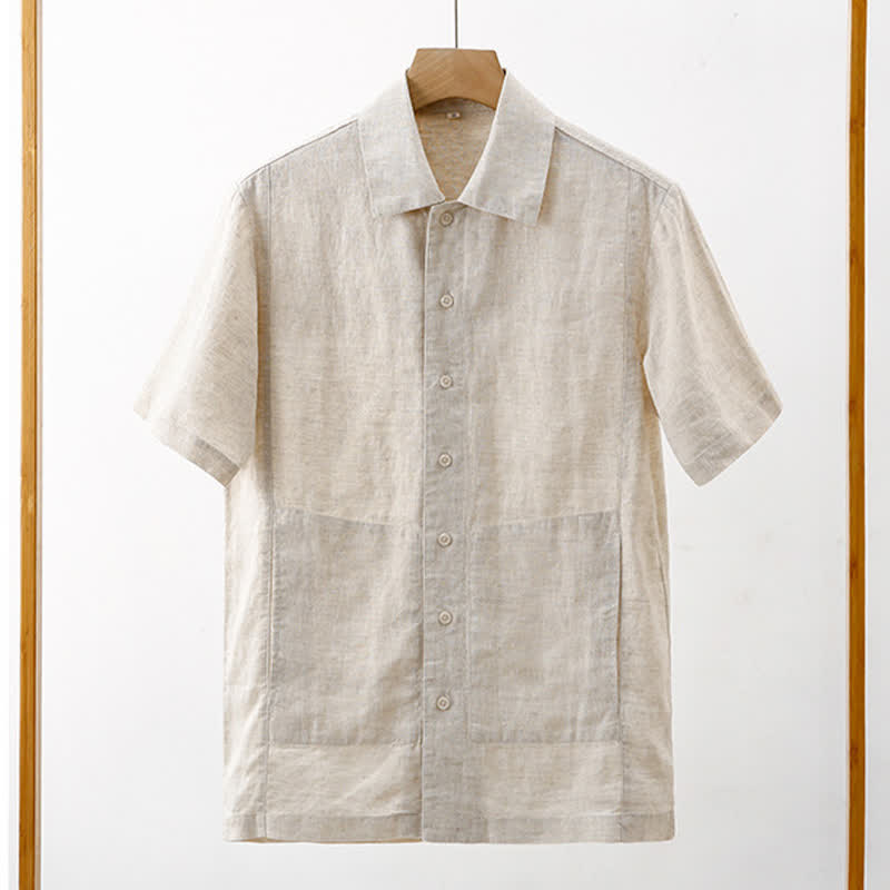 Nimara Ritual Summer Minimalist Button-Up Solid Cotton Linen Men's Short Sleeve Shirts With Pocket