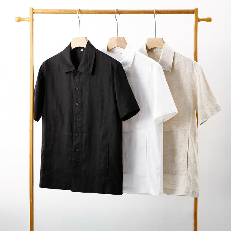 Nimara Ritual Summer Minimalist Button-Up Solid Cotton Linen Men's Short Sleeve Shirts With Pocket
