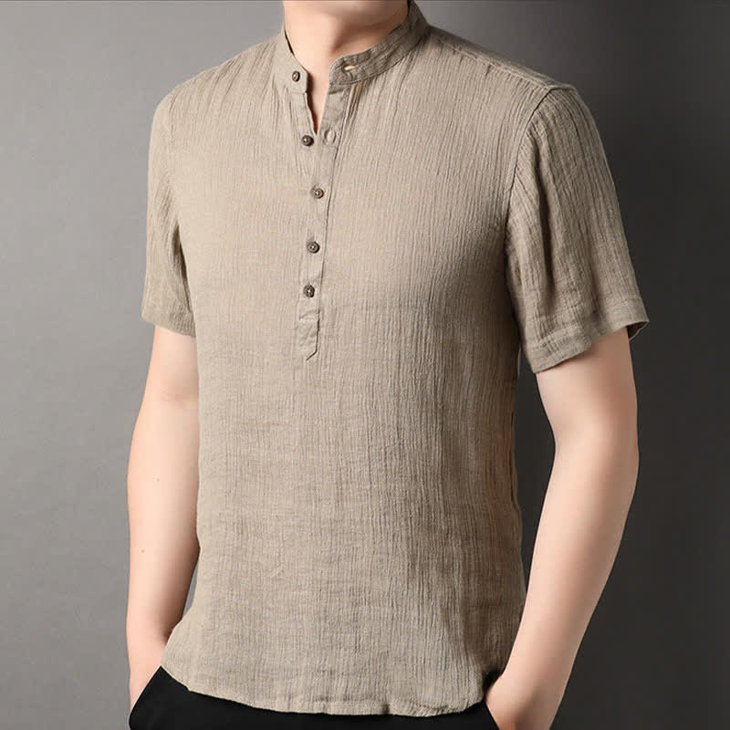 Nimara Ritual Summer Casual Tang Style Mandarin Collar Solid Linen Men's Short Sleeve Shirts