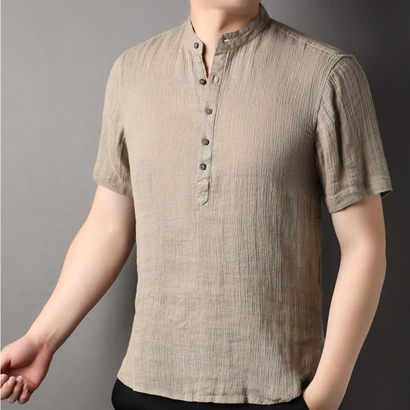 Nimara Ritual Summer Casual Tang Style Mandarin Collar Solid Linen Men's Short Sleeve Shirts
