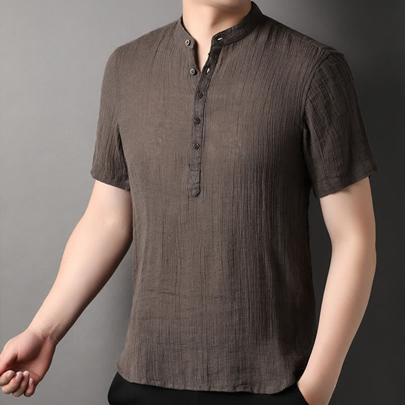 Nimara Ritual Summer Casual Tang Style Mandarin Collar Solid Linen Men's Short Sleeve Shirts