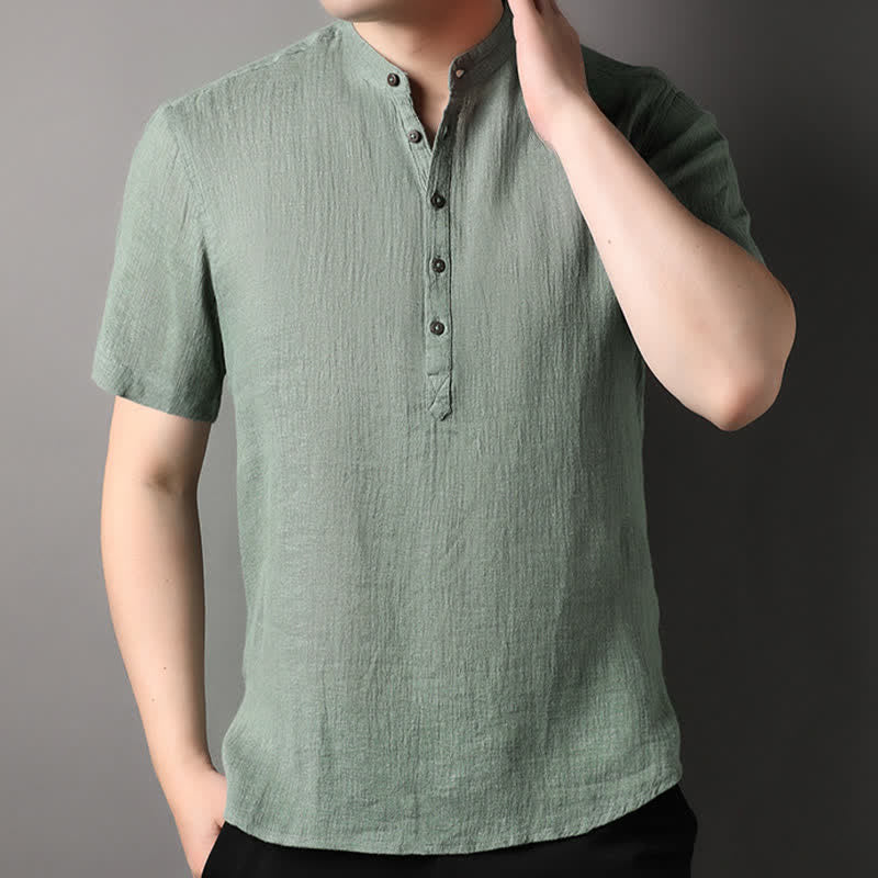 Nimara Ritual Summer Casual Tang Style Mandarin Collar Solid Linen Men's Short Sleeve Shirts