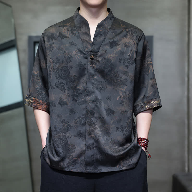 Nimara Ritual Spring Summer Tang Style Casual Mandarin Collar Bamboo Butterfly Men's Short Sleeve Shirts