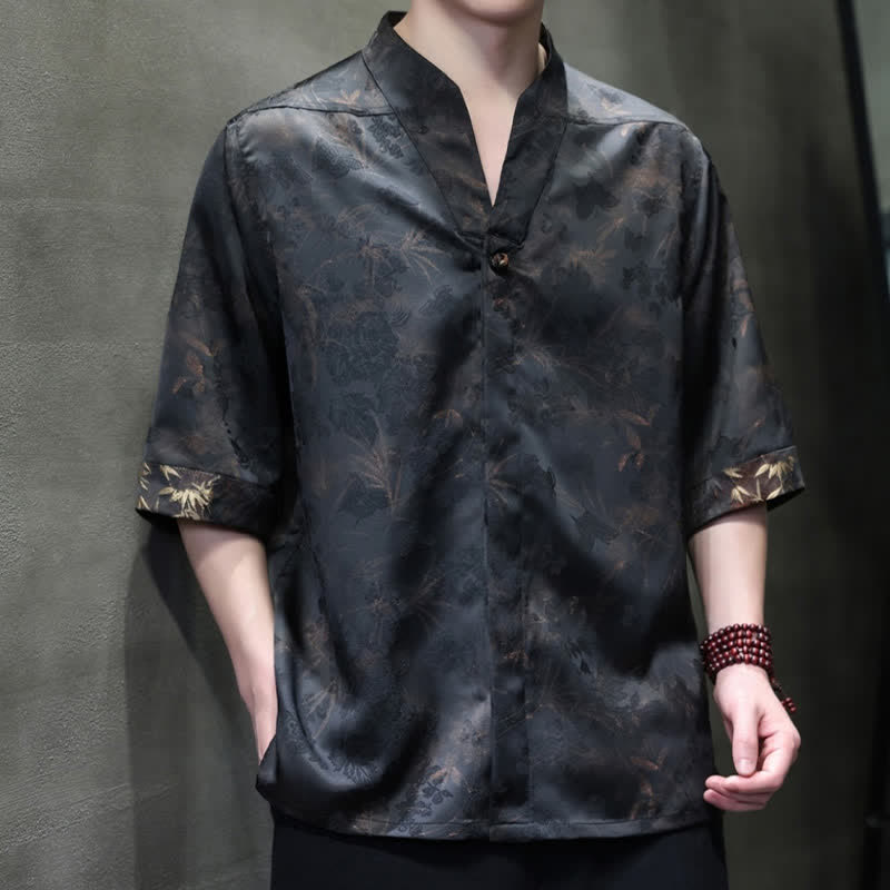 Nimara Ritual Spring Summer Tang Style Casual Mandarin Collar Bamboo Butterfly Men's Short Sleeve Shirts