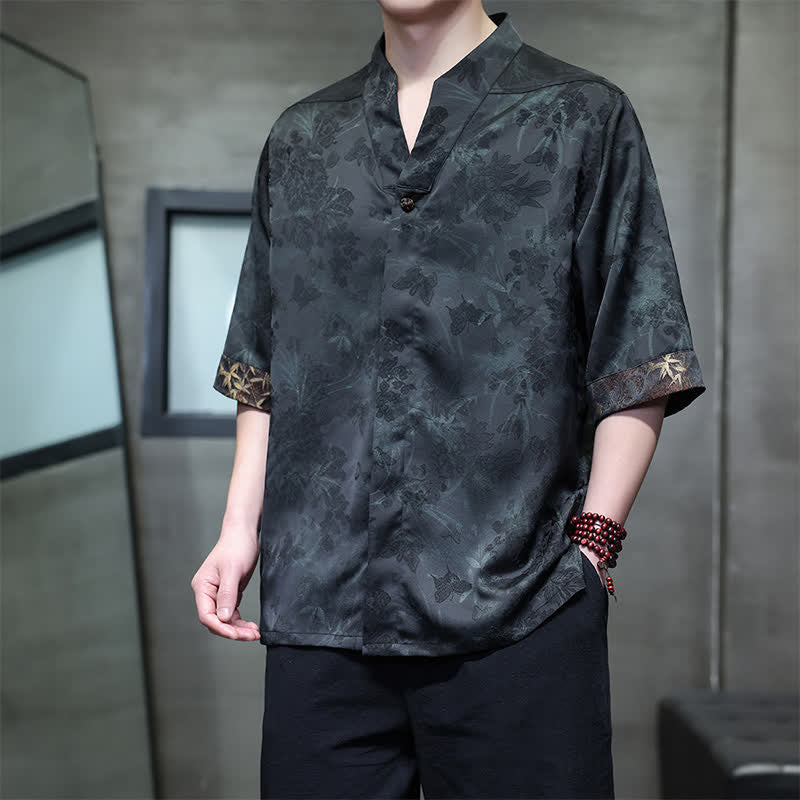 Nimara Ritual Spring Summer Tang Style Casual Mandarin Collar Bamboo Butterfly Men's Short Sleeve Shirts