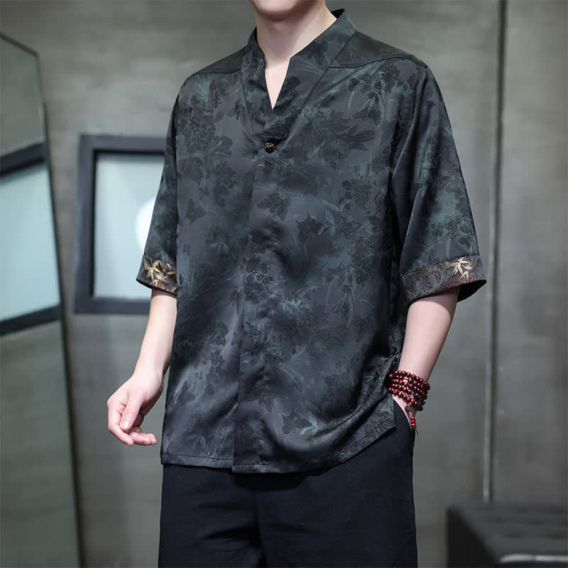 Nimara Ritual Spring Summer Tang Style Casual Mandarin Collar Bamboo Butterfly Men's Short Sleeve Shirts