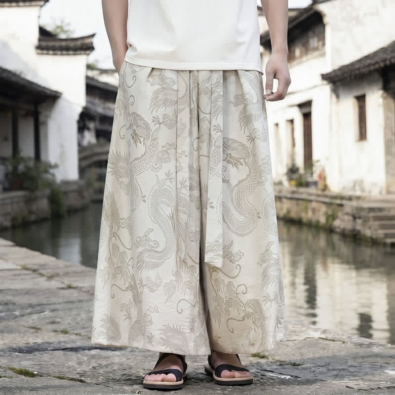 Nimara Ritual Summer Casual Tang Style Drawstring Dragon Ankle Pants Men's Wide Leg Pants