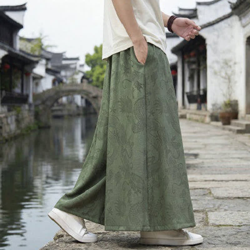 Nimara Ritual Summer Casual Tang Style Drawstring Dragon Ankle Pants Men's Wide Leg Pants