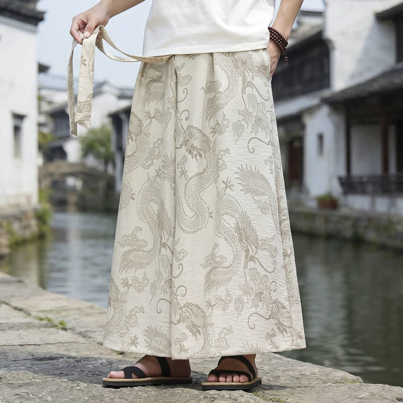 Nimara Ritual Summer Casual Tang Style Drawstring Dragon Ankle Pants Men's Wide Leg Pants