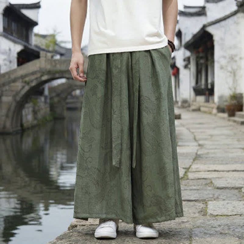 Nimara Ritual Summer Casual Tang Style Drawstring Dragon Ankle Pants Men's Wide Leg Pants