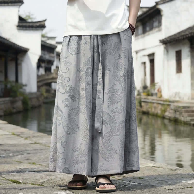 Nimara Ritual Summer Casual Tang Style Drawstring Dragon Ankle Pants Men's Wide Leg Pants