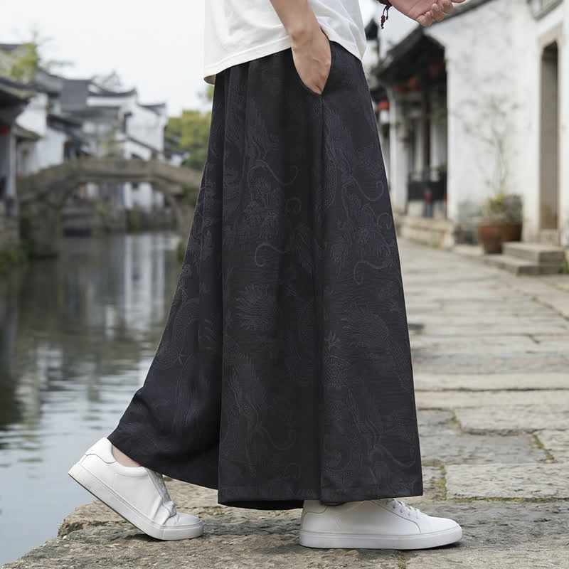 Nimara Ritual Summer Casual Tang Style Drawstring Dragon Ankle Pants Men's Wide Leg Pants