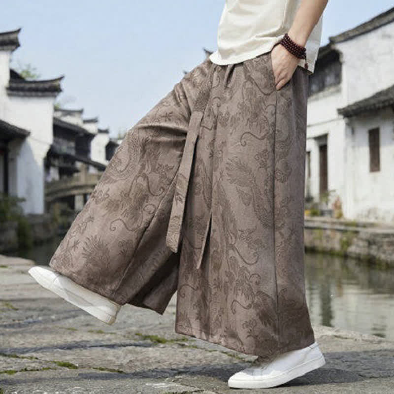 Nimara Ritual Summer Casual Tang Style Drawstring Dragon Ankle Pants Men's Wide Leg Pants