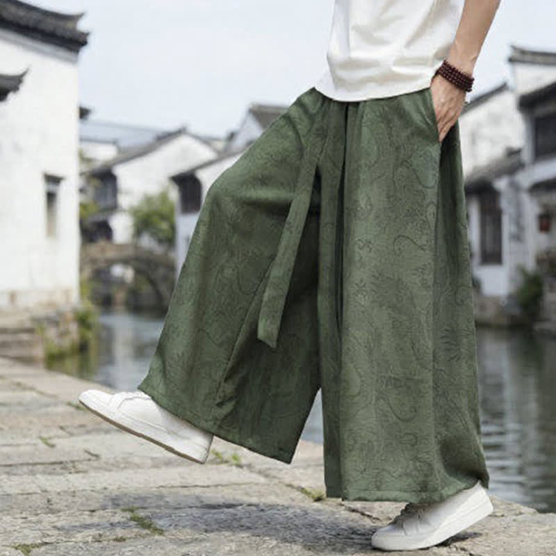 Nimara Ritual Summer Casual Tang Style Drawstring Dragon Ankle Pants Men's Wide Leg Pants