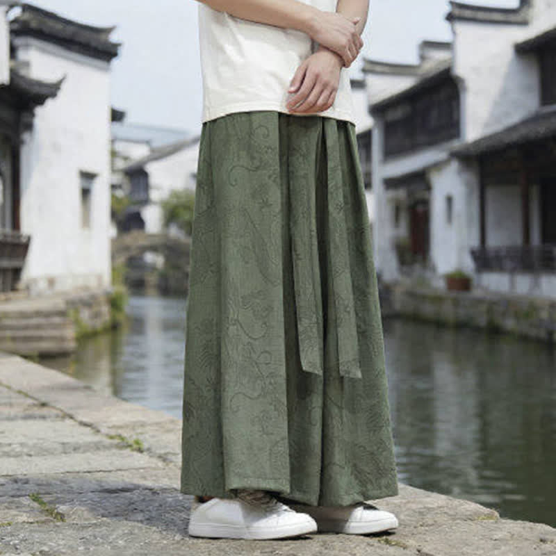 Nimara Ritual Summer Casual Tang Style Drawstring Dragon Ankle Pants Men's Wide Leg Pants