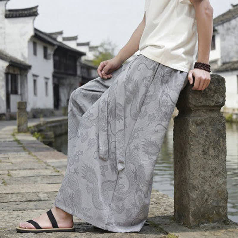 Nimara Ritual Summer Casual Tang Style Drawstring Dragon Ankle Pants Men's Wide Leg Pants