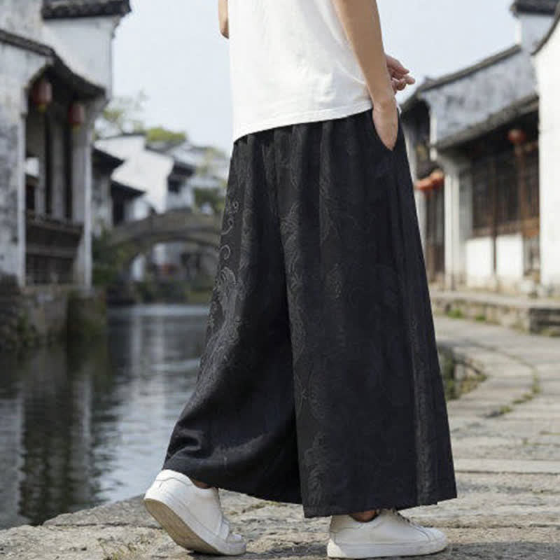 Nimara Ritual Summer Casual Tang Style Drawstring Dragon Ankle Pants Men's Wide Leg Pants