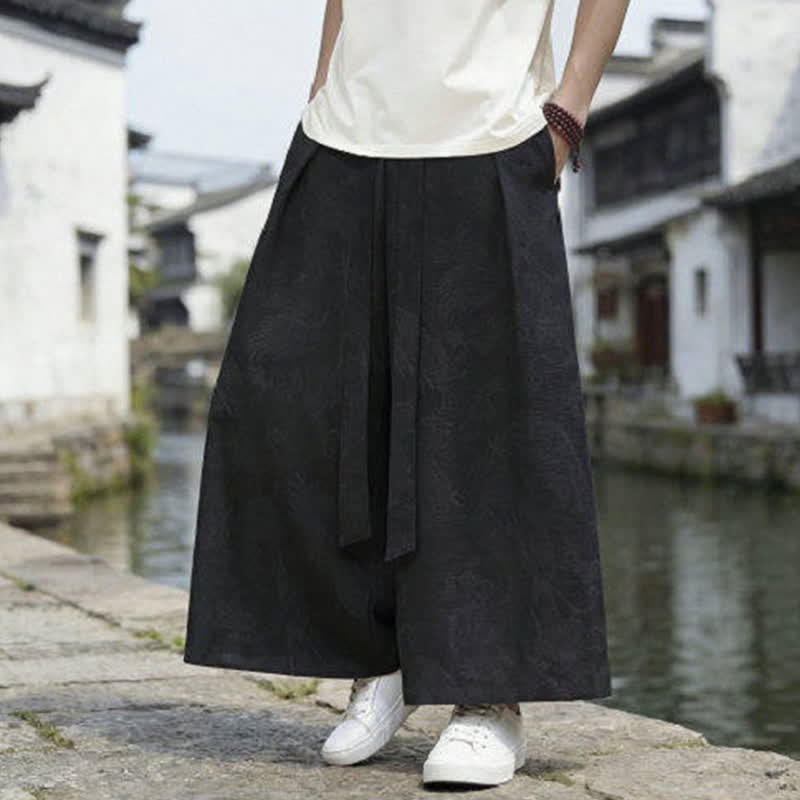 Nimara Ritual Summer Casual Tang Style Drawstring Dragon Ankle Pants Men's Wide Leg Pants