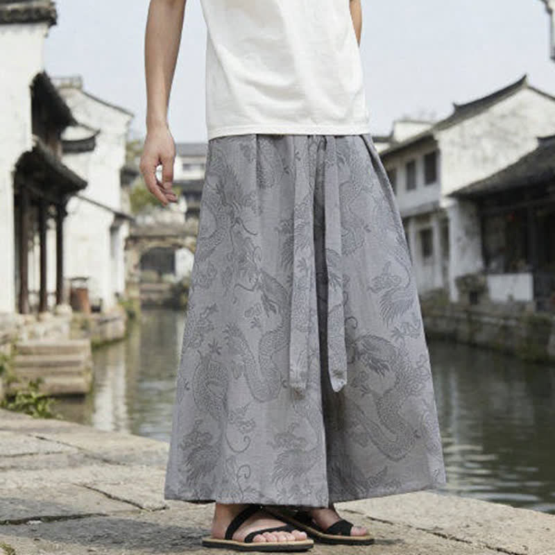 Nimara Ritual Summer Casual Tang Style Drawstring Dragon Ankle Pants Men's Wide Leg Pants