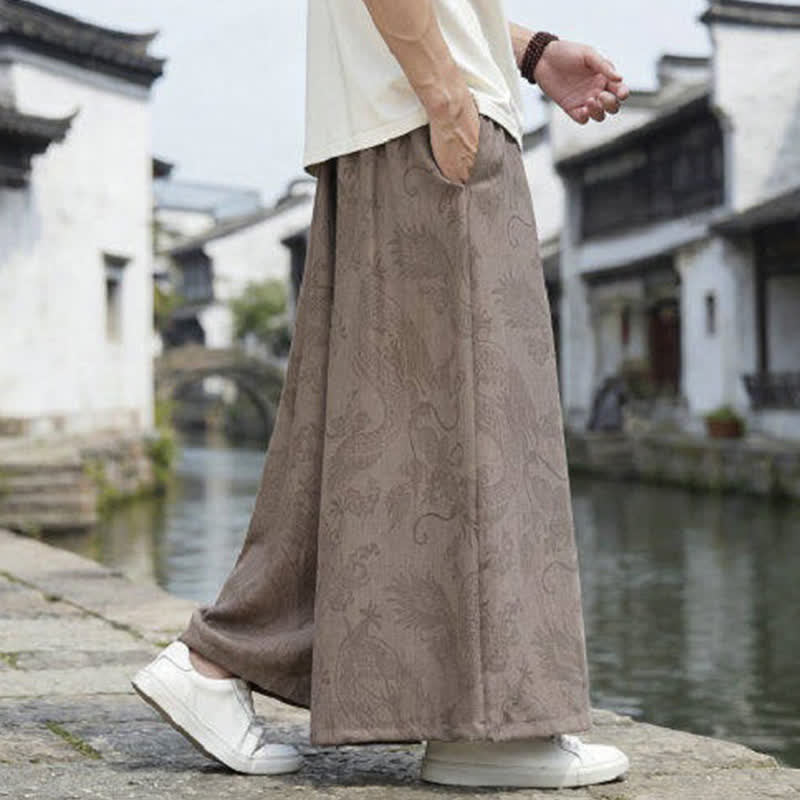 Nimara Ritual Summer Casual Tang Style Drawstring Dragon Ankle Pants Men's Wide Leg Pants