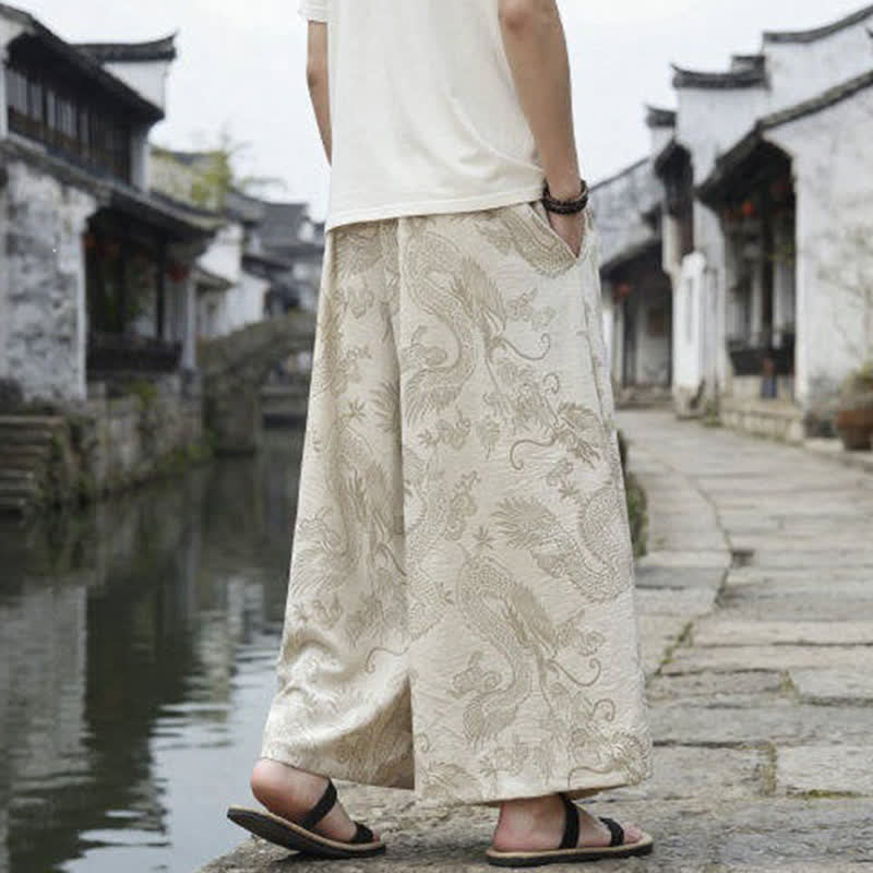 Nimara Ritual Summer Casual Tang Style Drawstring Dragon Ankle Pants Men's Wide Leg Pants