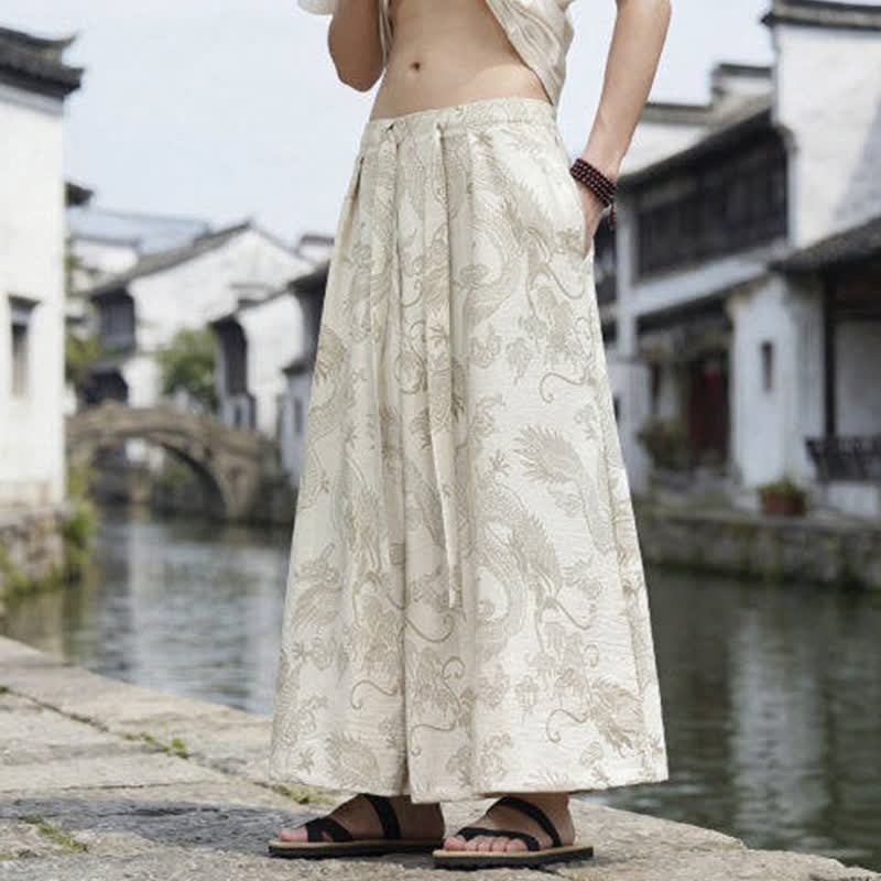 Nimara Ritual Summer Casual Tang Style Drawstring Dragon Ankle Pants Men's Wide Leg Pants